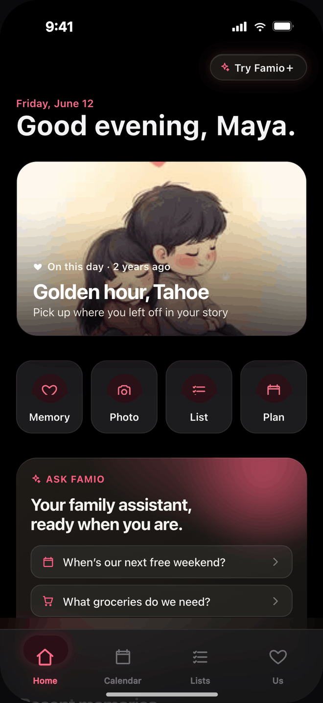 The Famio home screen showing the day's memory, quick actions and the family assistant